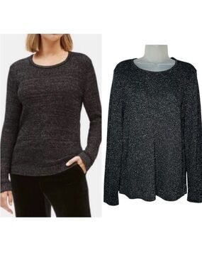 EILEEN FISHER Women Sz M Merino Wool Blend Black Silver Thread Knit Sweater Top.